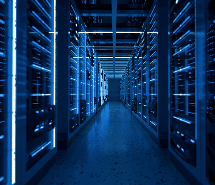 Row of modern server racks representing cost-efficient infrastructure